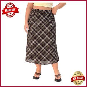 Plus Size Plaid Midi Skirt Mesh A-Line Casual Trendy Preppy